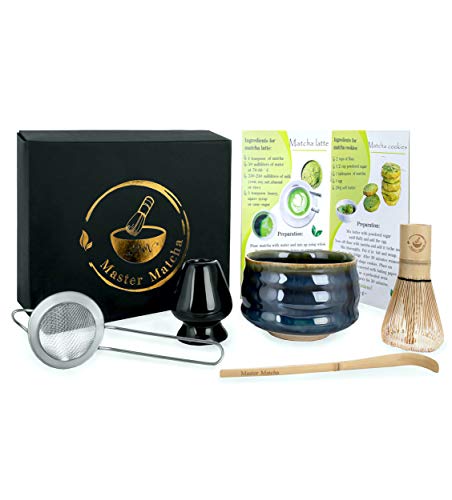 Matcha tea set by Master Matcha, in kit - bamboo whisk, organic spoon, ceramic bowl and holder, for traditional japanese green powder ceremonial drink (in box extra stainless sifter and little guide)