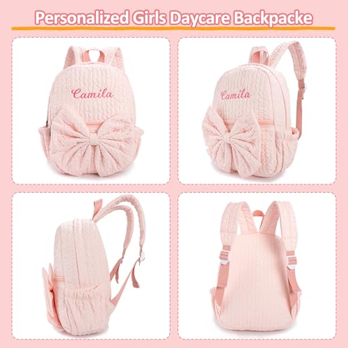 Image of 15inch Daycare Backpack Personalized Large Backpack with Name | Cute Punch Backpack for Age 4-6,Quilted & Lightweight Fabric,Large Front Pocket with Bow,Padded Shoulder Straps,Custom Gift