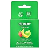 Condoms, Lubricated Latex, Durex Tropical Flavors Condom, 3 ct Mix of Tropical Orange, Banana and Strawberry Fruit Flavors
