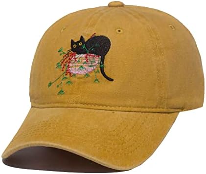 Yellow Cat Dad Hats - Women Cat Hat, Garden Hat, Vintage Cat Embroidered Baseball Hat,Flower Plant Cat Dad Cap for Women Men