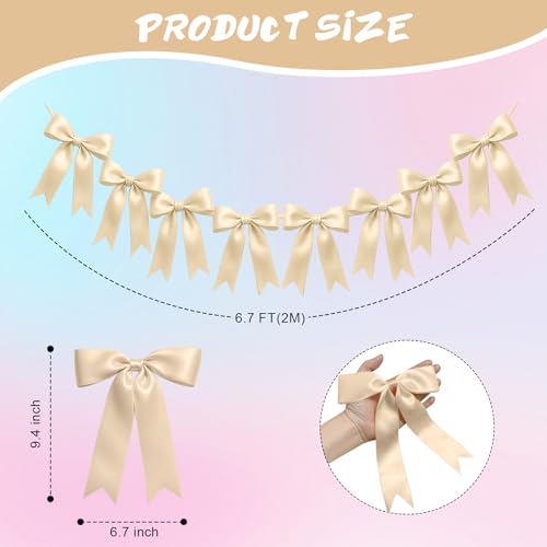 Image of 1 String of 8PCS Champange Bow Garland Banner Decoration,Pre-Strung Satin Ribbon Ornaments for Birthday,Bachelorette Party,Bridal Shower,Wedding,Engagement,Baby Shower,Graduation Decor,Anniversary