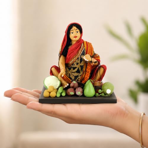 Image of Krishnanagar Handmade Clay Woman Vegetable Seller Miniature Idol | Basic Terracotta Sitting Human Figurine | Traditional Indian Home Decor & Gift Showpiece