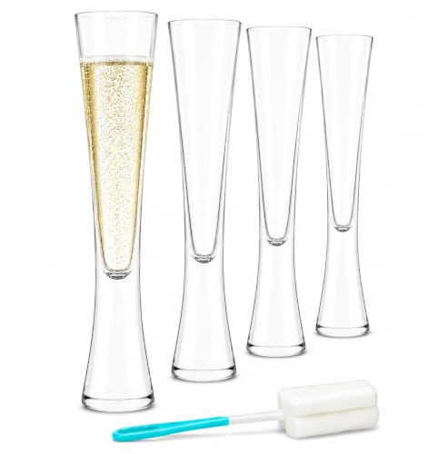 Image of Set of 4 Champagne Flutes & Cleaning Brush, Clear Crystal Handmade Prosecco Glasses. Stemless Champagne Flutes Glass. Boxed in a presentation box. Ideal with your favourite champagne