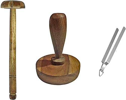 Will and Weaves Wooden Mathani 12\" Whisker Curd Beater with Roti Press 5\" Roti Fluffer Chapati Press Indian Datta with Stainless Stee Tong Steel Chimta Chipya Combo