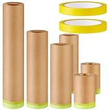 Leinuosen 8 Rolls Masking Tape Sets Includes 6 Assorted Sizes Paint Masking Paper and 2 Vehicles Auto Body Paint Tape Yellow Adhesive Painter Automotive for Car, Furniture, Floor