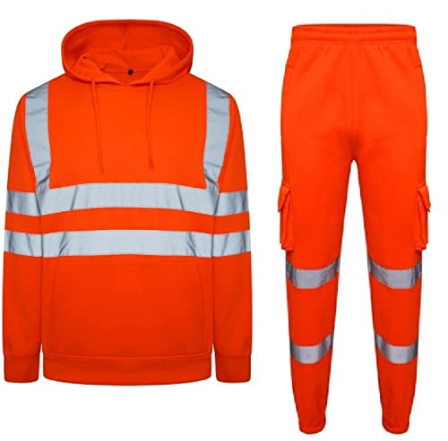 Image of Romaans Men's Hi Vis High Visibility Tracksuit Hoodie & Jogging Bottom Safety Work Full Set Reflective Joggers (Orange Full Set, M, m)