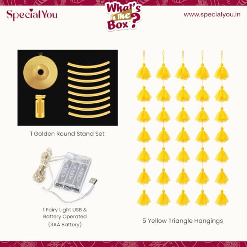 Image of SpecialYou Ganpati Decoration Setup for Home with Round Backdrop Stand for Decor & 5 Yellow Triangle Hangings| Ganpati Decoration Stand for Home | Ganapati Decorations Item (Yellow, 7)