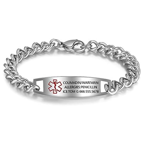 Nameinhea Custom Medical Alert Bracelets for Women Men Free Engraved Adjustable Stainless Steel Waterproof Emergency Medical ID Bracelets Allergy Wristband Cover
