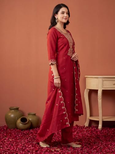 Image of INDO ERA Women's Silk Blend Embroidered Kurta & Pant with Dupatta Set | Kurta Sets For Woman