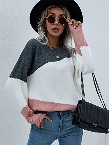Image of ECOWISH Women Sweater Long Sleeve Color Block Knit Pullover Sweaters Crew Neck Patchwork Casual Loose Jumper Tops