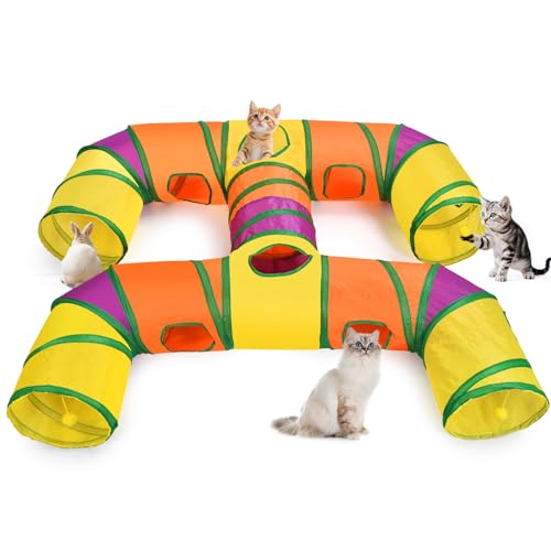Petizer H-4-Wege faltbarer Katzentunnel für Kätzchen Indoor-Unterhaltung waschbares niedliches Katzenröhren-Spielzeug mit interaktiven Spielbällen reißfester Haustierschlauch Katzen Kätzchen