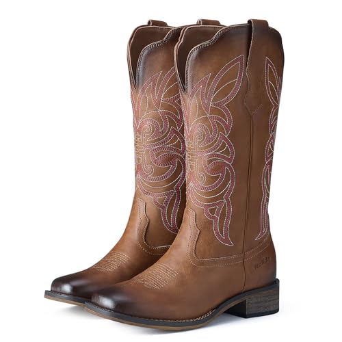 Rollda Women's Cowboy Boots Cowgirl Boots for Women Square Toe Western Boots Mid Calf Boots with Chunky Heel Dark Brown Size 8