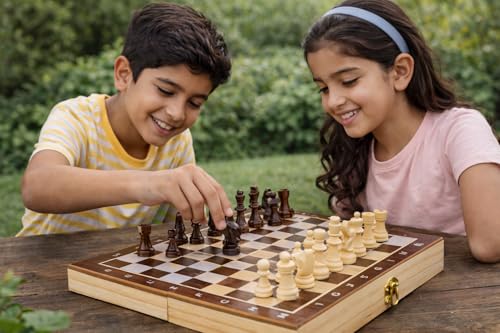Image of 12 Inches Wooden Handmade Foldable Chess Board Set with Pieces and Queens for 2 Players for Kids and Adults (12x12 Inches, Brown)