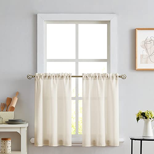 Melodieux - 2 cortinas semitransparentes beis de 61 cm para cocina, cafetería, dormitorio y ventanas pequeñas, textura de lino, cortas, con dobladillo para barra.