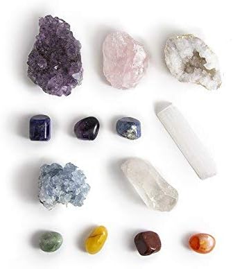 13 pcs Chakra Crystal Sampler Set ~ LARGE Healing Kit: 6 Minerals-Amethyst Cluster, Raw Rose Quartz, Crystal Point, Selenite Blue Celestite and Half Geode + Plus 1 Bag of 7 Chakra tumbled Stone