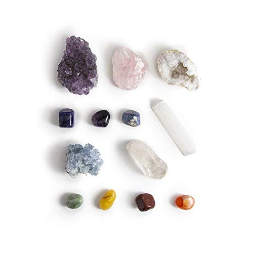 13 Pcs Chakra Crystal Sampler Set ~ Large Healing Kit: 6 Minerals-Amethyst Cluster, Raw Rose Quartz, Crystal Point, Selenite Blue Celestite And Half Geode + Plus 1 Bag Of 7 Chakra Tumbled Stone #TOP17