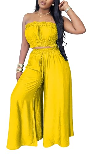 Womens Summer Outfits Crop Tops and Pants Sets Sexy Jumpsuits 2 Piece Sets with Pockets Country Concert Outfits Yellow XXL