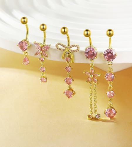 Belly Button Rings Gold Silver Pink Clear CZ Belly Rings for Women Heart Bow Flower Butterfly Teardrop Dangle Navel Belly Button Piercing Jewelry2