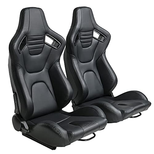 WIILAYOK 2 Pieces Racing Seats, Universal PVC Leather Bucket Seats with Dual Lock Sliders for Front-Back Adjustment - Automotive Racing Seats for Cars (Black, 36.6" x 21.2" x 21.6")
