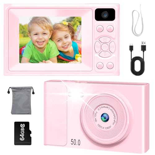 Digitalkamera Kinder 1080P 48MP Fotokamera Kamera mit Dual-Kamera, Tragbare Kompaktkamera mit 2,4' LCD Bildschirm & 64GB SD-Karte, Geschenk für Kinder Teenager Studenten Anfänger