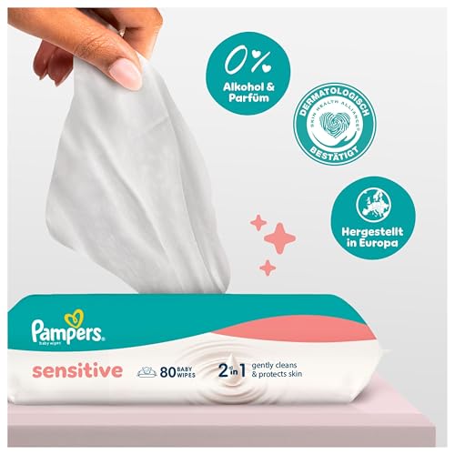 Pampers Sensitive Baby-Feuchttücher, 15 Packungen mit 80 Feuchttüchern,1200 Baby-Feuchttücher, 2-in-1 sanfte Reinigung & Hautschutz