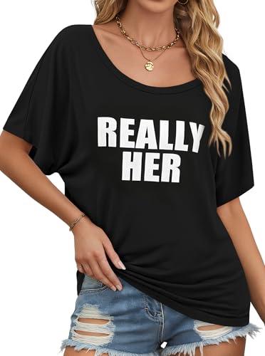 Image of Hilinker Womens Sexy Off The Shoulder Tops Short Batwing Sleeve T Shirt Oversized Graphic Tees Black Really Small