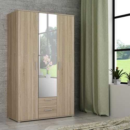 Forte Nano Armario 120 con Puertas giratorias con 2 cajones, estantes y Espejo, Madera de Roble Sonoma, 121 cm de Ancho, 200 cm de Alto, 54 cm de Profundidad