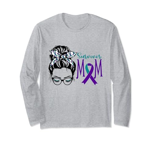 Bollo desordenado para concientizar sobre el suicidio para mamá sobreviviente, verde azulado y morado Manga Larga