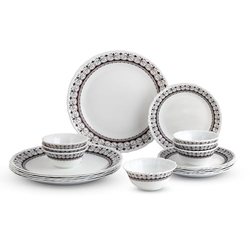 Image of CELLO Lumina Imperial Plus Series Opalware Dinner Set of 19 Pieces For Family of 6 | Bone-Ash Free & Leadfree Opal Glass Microwave & Dishwasher Safe Crockery Plates & Bowls Set For Daily Use & Gifting