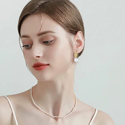 Pearl Earrings for Women 925 Sterling Silver White Gold Pearl Drop Earrings Dangle Cubic Zirconia Large Size 12mm 10mm for Mother (Yellow Gold, 12mm cz) — view 5