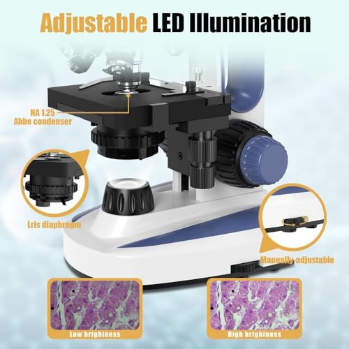 Image of Lab Monocular Compound Microscope with 7'' LCD Screen, 40X-2500X Magnification Microscope for Adults, Dual Illumination, Built-in 5MP Camera, Dual Mechanical Stage for Lab School Farm (Black)