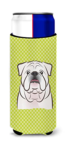 Checkerboard Lime White English Bulldog Ultra Beverage Insulators for slim cans
