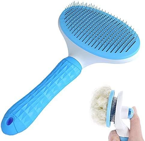 PET HAIR BRUSH FOR CATS/DOGS ETC. WITH SELF CLEANING SYSTEM BUTTON (Blue)