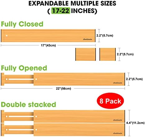 ANTOWIN Bamboo Drawer Dividers Organizers, Drawer Separators Splitter,43-56 cm Long Adjustable Spring-loaded Organizer for Large Utensil, Clothes, Tools Drawers (8+8)