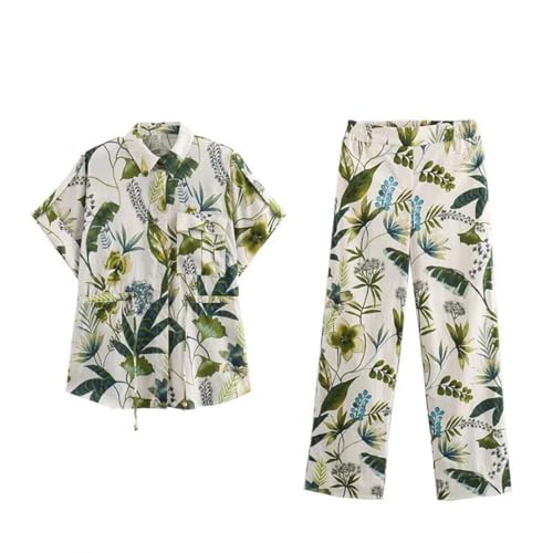 Women's Suit Short Sleeve Tie Printed Shirt Top High Waisted Wide Leg Pants Set Ladies Two Piece Set3