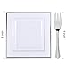 WDF Silver Plastic Dessert Plates with Plastic Forks - 6” 100 Square Disposable Appetizer Plates Small Plates Cake Plates with Silver Rim &100 Small Appetizer Forks for Christmas Party/Wedding