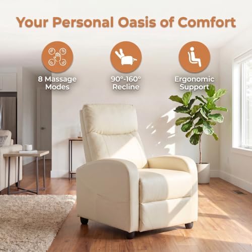Image of Manual Massage Recliner Chair, Oversized Lazy Boy Reclining Sofa with 8 Massage Modes, Adjustable Backrest & Extended Footrest, Ergonomic Single Recliner Couch for Living Room, Bedroom, Beige
