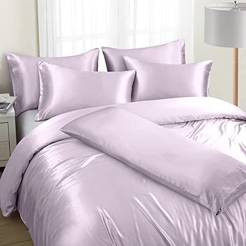 Image of Ersmak 6 Pieces Satin Duvet Cover King Size Luxury Silky Bedding Duvet Cover Set with 1 Soft Duvet Cover, 4 King Pillowcases and 1 Body Pillowcase, Lavender