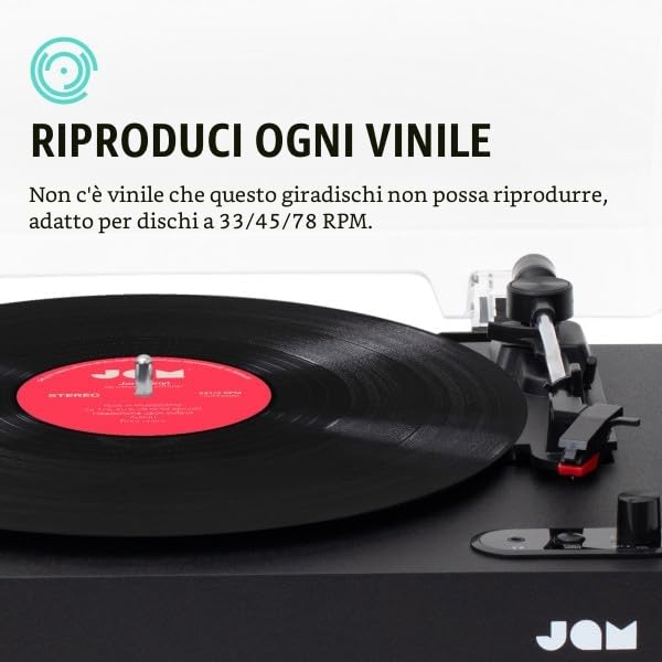 JAM Giradischi con Altoparlanti - Giradischi Bluetooth con Altoparlanti da Libreria, 3 Velocità con Coperchio Antipolvere, Braccio Pre-Calibrato, Pulitore di Vinile Incluso, Nero