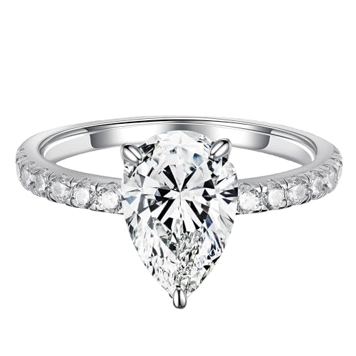 MOOSEA Moissanite Pear Shaped Engagement Ring, 1.5ct D Color VVS1 Clarity Lab Created 3 Claw Pear Shaped Promise Rings 18K White Gold Vermeil Wedding Ring Moissanite Rings for Women Wife Gifts