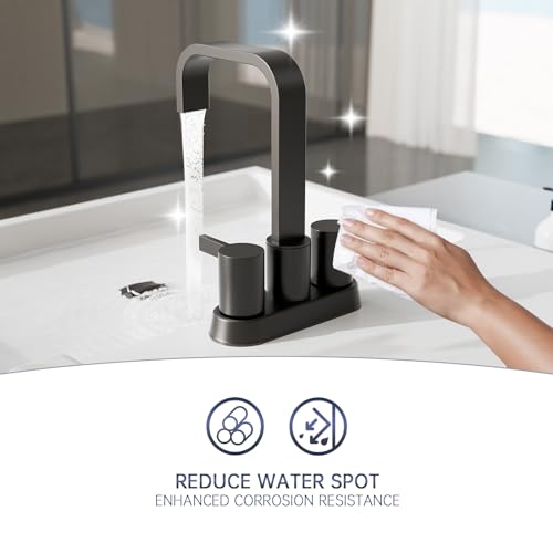 Phiestina Matte Black 4 Inch 2 Handles Centerset Bathroom Sink Faucet,2 or 3 Holes Waterfall Bathroom Faucet with 360 Swivel Spout,Metal Pop-Up Drain and Water Supply Lines, BF040B-1-MB