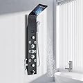 AlenArt Wall Mount Stainless Steel LED Shower Panel Tower System, Rainfall Waterfall Shower Head, Hydroelectricity Display with Massage Jets,Black
