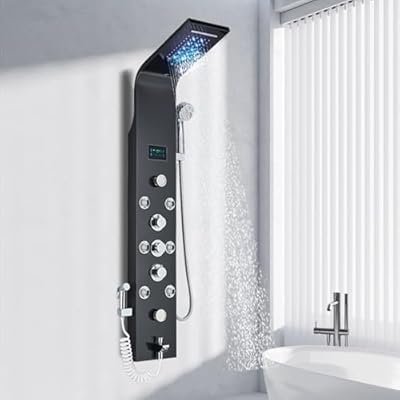 AlenArt Wall Mount Stainless Steel LED Shower Panel Tower System, Rainfall Waterfall Shower Head, Hydroelectricity Display with Massage Jets,Black