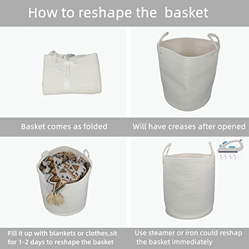 Image of XUANGUO White Cotton Rope Laundry Basket Hamper for Clothes Large | Baby Nursery Hamper Bin Decorative Woven Storage Basket for Living Room Bedroom Boho Tall Rope Baskets for Blanket Toys