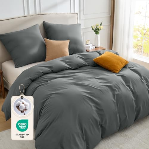 BEDELITE Bettwäsche 200x220 Baumwolle 3teilig - Bettwäsche-Sets Grau mit Reißverschluss Bettbezug 220x200 Anthrazit mit 2 Kissenbezüge 80x80 cm Oeko-TEX Bedding weiche und kuschelige Bettwaren