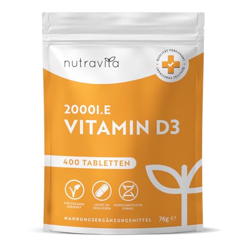 Vitamin D3 2000 I.E - 400 Tabletten (1+ Jahr) - Vegetarisch - Hochdosiert Sonnenvitamin für Immunsystem, Knochen, Zähne & Muskeln - Vitamin D Hochdosiert - Laborgeprüft Cholecalciferol - Nutravita