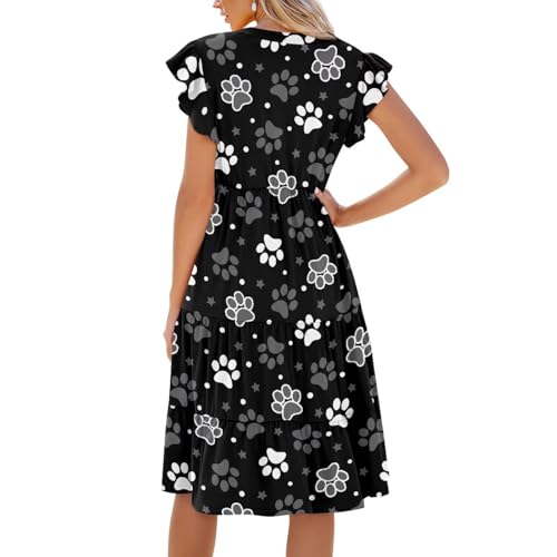 Image of Women's Casual Ruffle Sleeve Dress V Neck Pullover Dress Flowy A-Line Pleated Lightweight Dress with Pockets