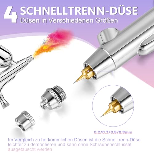 Gyfent Airbrush Set, Airbrushpistole mit 4 Schnelltrenn-Düsen (0,2/0,3/0,5/0,8 mm) Dual-Action-Schwerkraft Air Brush mit 1/4oz Flüssigkeitsbecher und 20/40ml Harzbecher für Nagelkunst Make-up Malerei