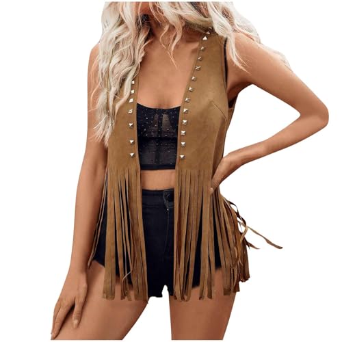 Sruiluo - Women's Fringe Vest Faux Suede Coffee - Vintage 70s Western Cowboy Open Front Sleeveless Cardigan Jacket - Best Deal on Amazon