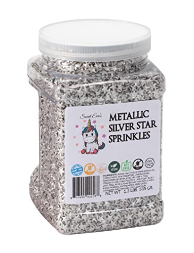 Sweet Eva’s Metallic Silver Star Sprinkles, Dairy-Free,Gluten-Free,Egg-Free,Soy-Free,Nuts-Free,Vegan,Kosher,Jimmies,Cupcakes,Cookies,Cakes,Decorating,Baking,Topper,Bulk Candy,Large, Large, 1.5 Pound #TOP10